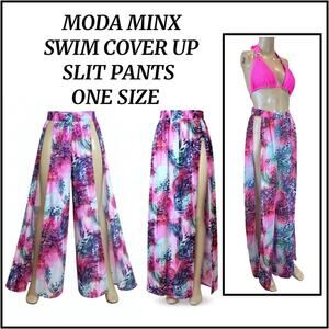 MODA MINX Vibrant Pink and Blue Sheer High Slits Animal Print Beach Pants